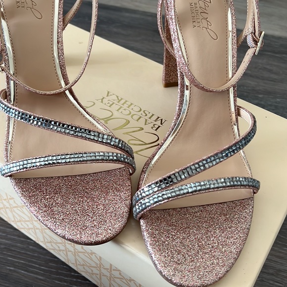 NIB Badgley Mischka Jewel aura rose gold silver rhinestones glitter block heel 9 - Picture 7 of 11